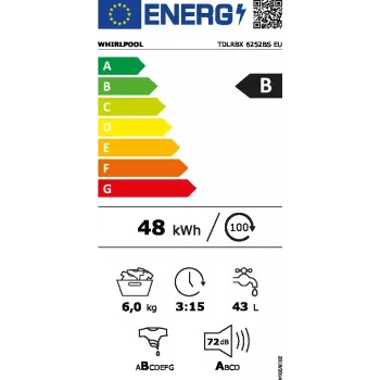 Augšējās ielādes veļas mazgājamā mašīna WHIRLPOOL TDLRBX 6252BS EU — 6 kg, 1200 RPM, B energoefektivitātes klase, 900×400×600 mm, balta