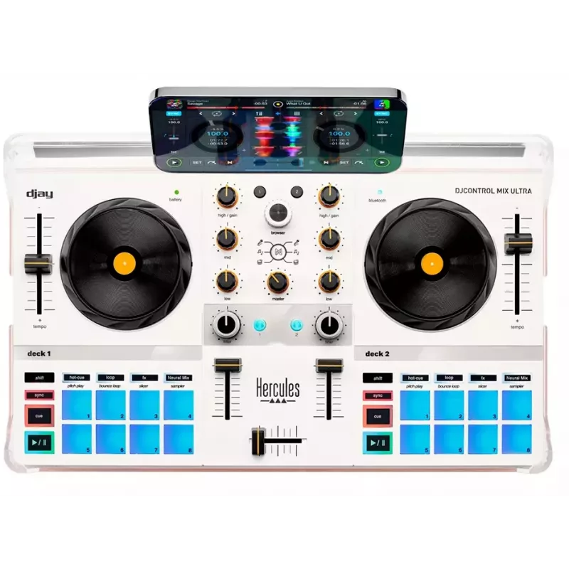 DJ kontrolieris Hercules DJControl Mix Ultra - balts, mobilais Bluetooth kontrolieris