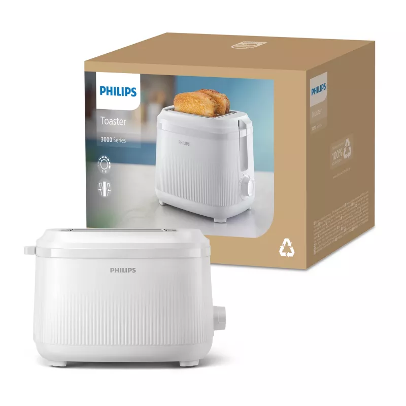 Philips 3000 sērijas tosteris, 2 šķēlēm, balts, metāls, pogas, rotācijas, 900 W, 220-240 V