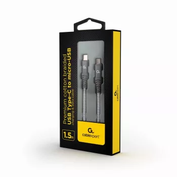 GEMBIRD Premium kokvilnas pītais USB Type-C uz micro-USB uzlādes un datu kabelis, 1.5 m - pelēks