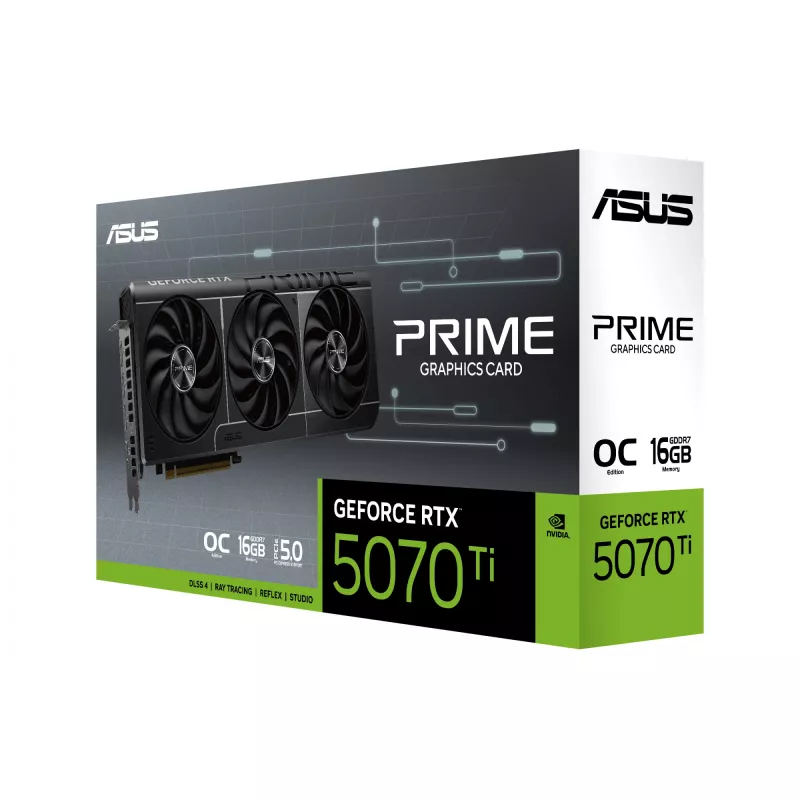 Grafikas karte ASUS GeForce RTX 5070 Ti — 16 GB GDDR7, 256 bitu, PCIe 5.0, 3xDP/1xHDMI, 306 × 126 × 50 mm