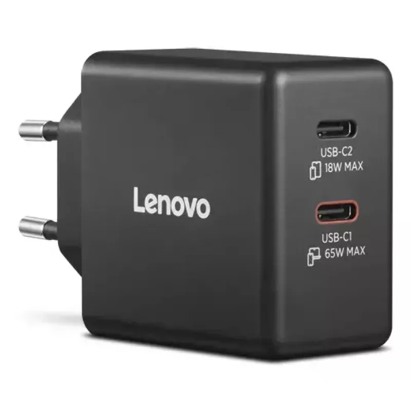Mobilo ierīču lādētājs Lenovo G0A6065BEU — Universāls iekštelpu maiņstrāvas lādētājs, 2× USB-C, 100–240 V, 1,5 m kabelis, melns