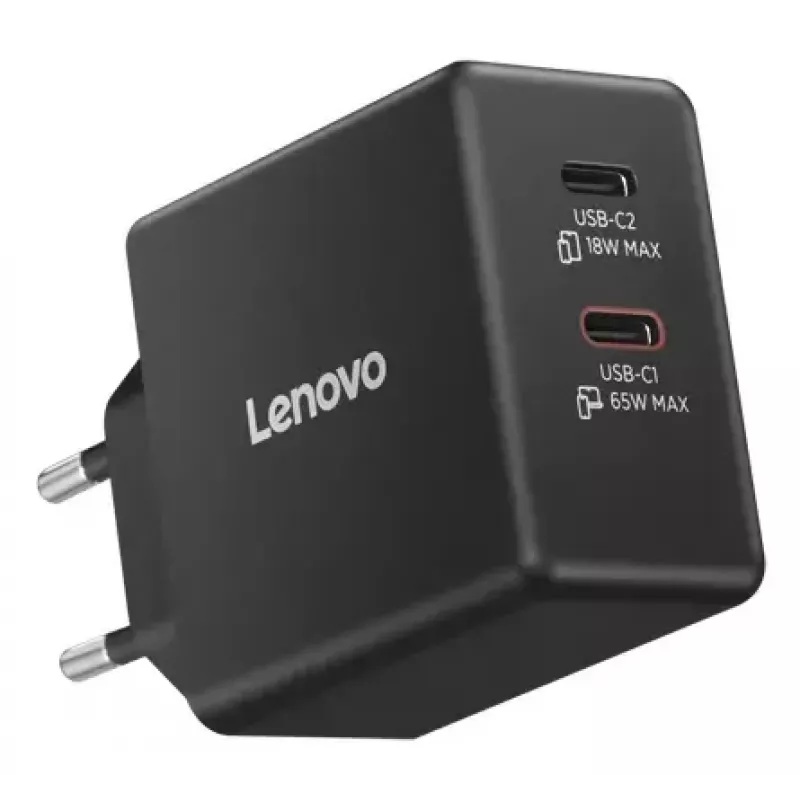 Mobilo ierīču lādētājs Lenovo G0A6065BEU — Universāls iekštelpu maiņstrāvas lādētājs, 2× USB-C, 100–240 V, 1,5 m kabelis, melns