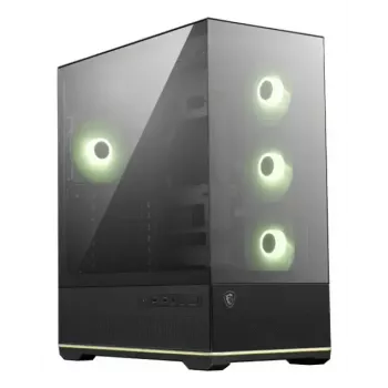 PC korpuss MSI MAG PANO 110R PZ Midi Tower — rūdīts stikls, ATX, 3x120 mm priekšējie ventilatori, USB-C, atbalsta 360 mm radiatorus