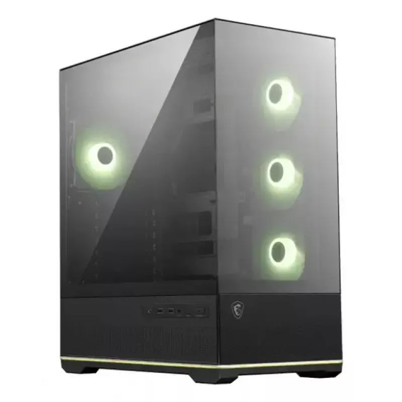 PC korpuss MSI MAG PANO 110R PZ Midi Tower — rūdīts stikls, ATX, 3x120 mm priekšējie ventilatori, USB-C, atbalsta 360 mm radiatorus