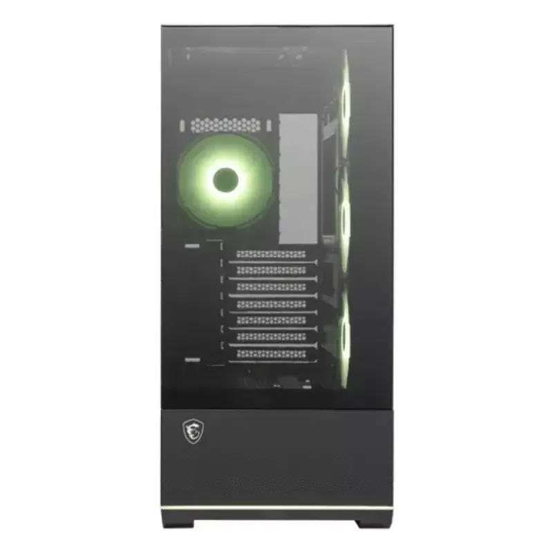 PC korpuss MSI MAG PANO 110R PZ Midi Tower — rūdīts stikls, ATX, 3x120 mm priekšējie ventilatori, USB-C, atbalsta 360 mm radiatorus