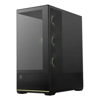 PC korpuss MSI MAG PANO 110R PZ Midi Tower — rūdīts stikls, ATX, 3x120 mm priekšējie ventilatori, USB-C, atbalsta 360 mm radiatorus