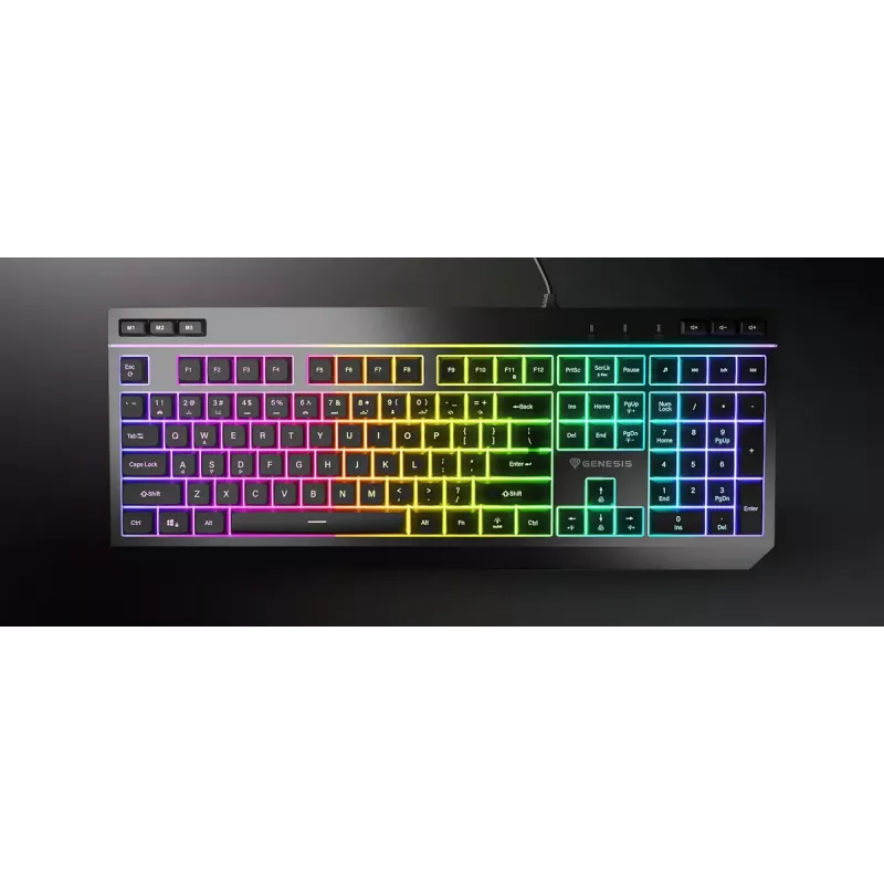 Vadu pilnizmēra spēļu tastatūra Genesis Rhod 530, USB, QWERTY US, membrāna, RGB fona apgaismojums, 114 taustiņi, 1,8 m kabelis, melna