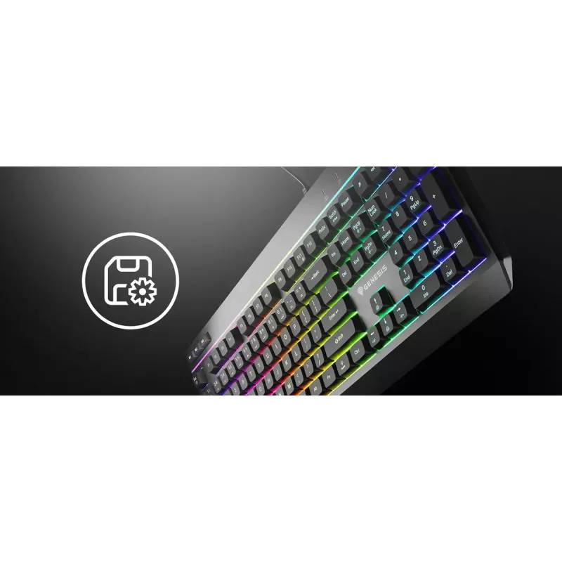 Vadu pilnizmēra spēļu tastatūra Genesis Rhod 530, USB, QWERTY US, membrāna, RGB fona apgaismojums, 114 taustiņi, 1,8 m kabelis, melna