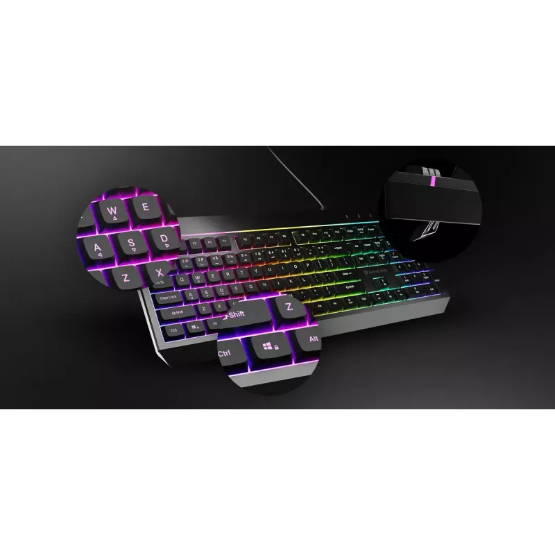 Vadu pilnizmēra spēļu tastatūra Genesis Rhod 530, USB, QWERTY US, membrāna, RGB fona apgaismojums, 114 taustiņi, 1,8 m kabelis, melna