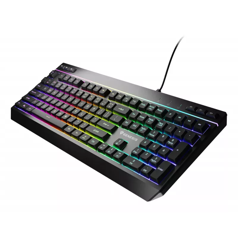 Vadu pilnizmēra spēļu tastatūra Genesis Rhod 530, USB, QWERTY US, membrāna, RGB fona apgaismojums, 114 taustiņi, 1,8 m kabelis, melna