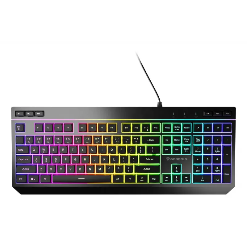 Vadu pilnizmēra spēļu tastatūra Genesis Rhod 530, USB, QWERTY US, membrāna, RGB fona apgaismojums, 114 taustiņi, 1,8 m kabelis, melna