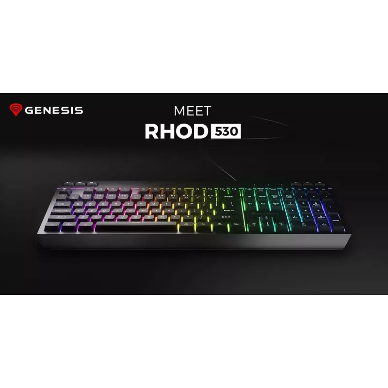 Vadu pilnizmēra spēļu tastatūra Genesis Rhod 530, USB, QWERTY US, membrāna, RGB fona apgaismojums, 114 taustiņi, 1,8 m kabelis, melna