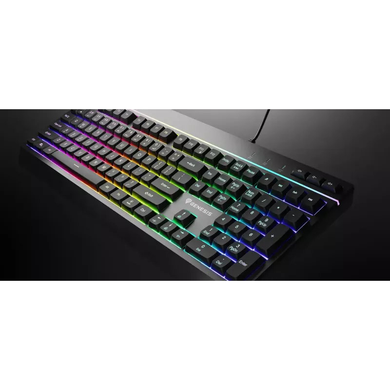 Vadu pilnizmēra spēļu tastatūra Genesis Rhod 530, USB, QWERTY US, membrāna, RGB fona apgaismojums, 114 taustiņi, 1,8 m kabelis, melna