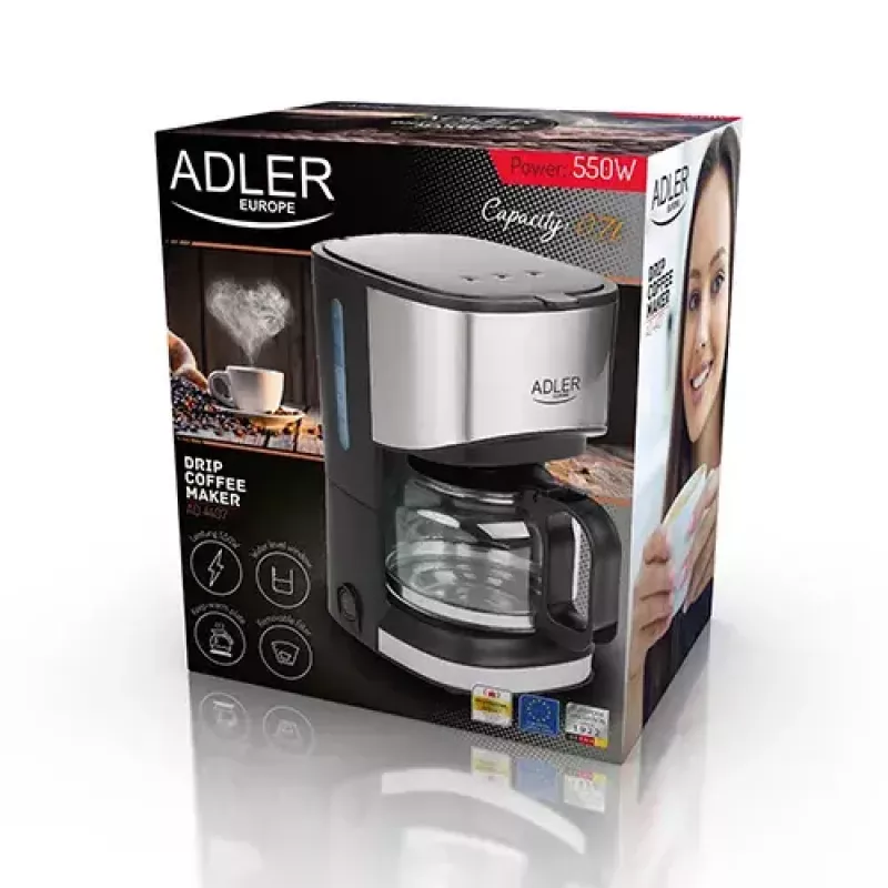 Pilienu kafijas automāts Adler AD 4407, 550 W, 0,7 L krūze, sudrabs/melns, pusautomātisks