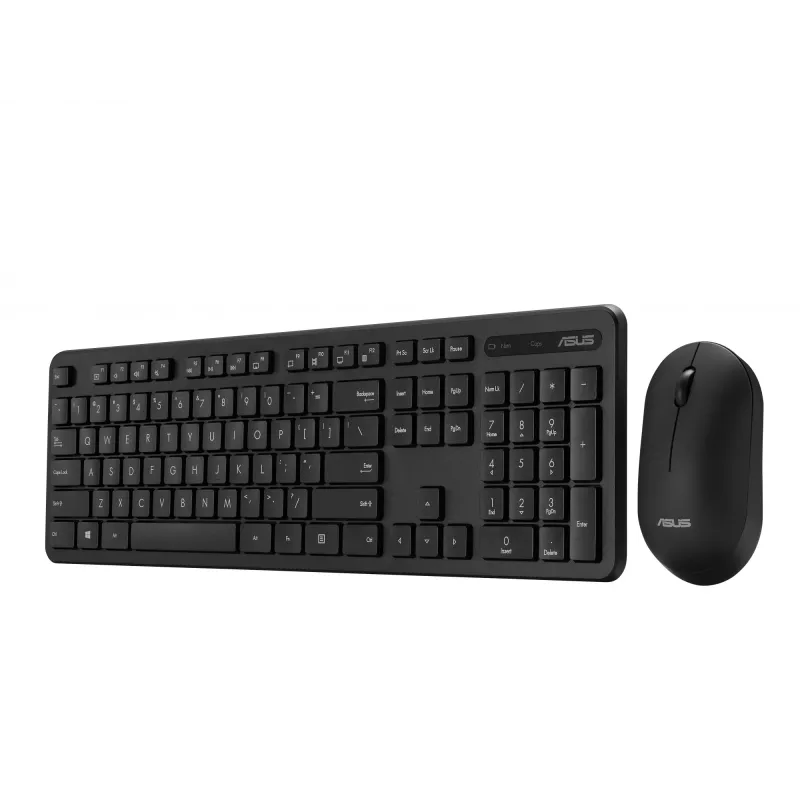 Bezvadu tastatūras un peles komplekts ASUS CW100 — ASV izkārtojums, melns, pilna izmēra QWERTY tastatūra, 1600 DPI pele