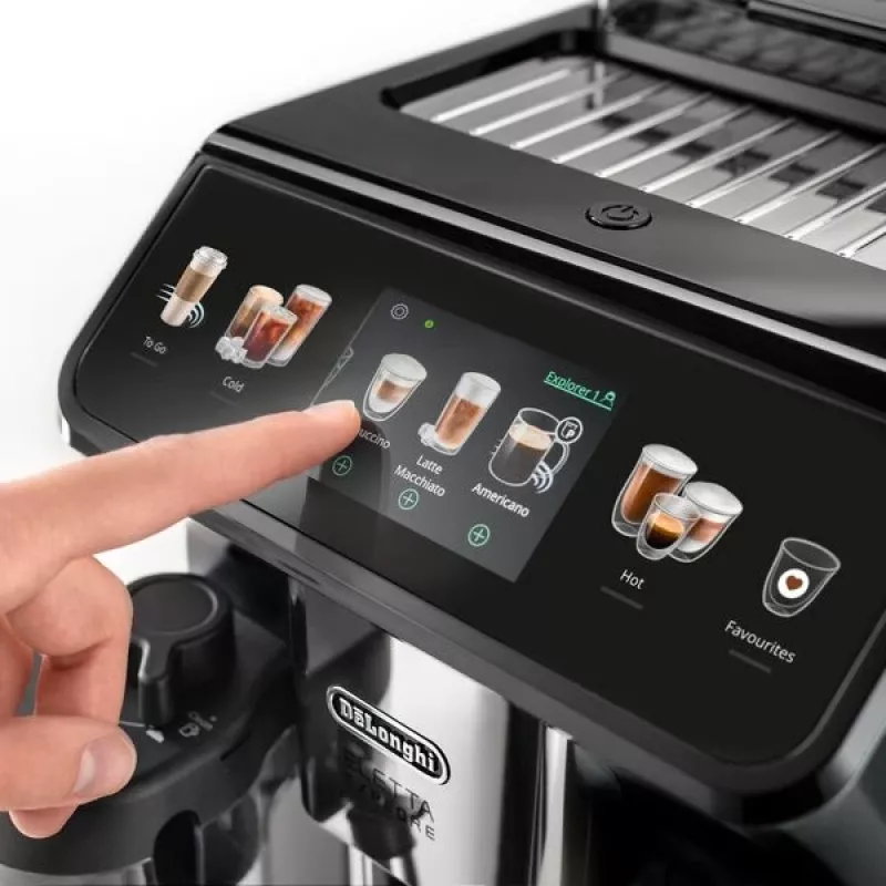 Espresso kafijas automāts De’Longhi Eletta Explore — pilnībā automātisks, 1,8 L ūdens tvertne, 300 g pupiņu tvertne, 19 bāri, TFT skārienekrāns