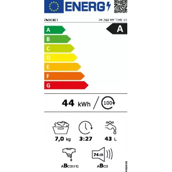 Priekšējās ielādes veļas mazgājamā mašīna INDESIT IM 762 MY TIME EE — 7 kg, 1200 apgr./min, A klase, balta