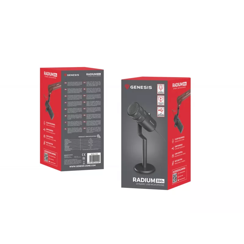Vadu datora mikrofons GENESIS Radium 350D — USB Type-A/Type-C, jutība -48 dB, 16–14000 Hz, 2,5 m kabelis, melns