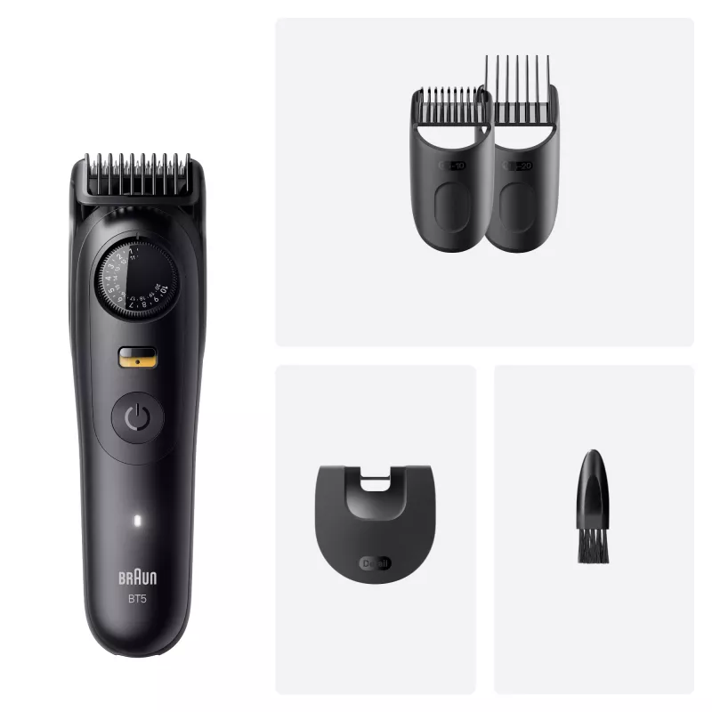 Bārdas trimeris BRAUN BT5520 — 0.5–20 mm, 40 garuma soļi, uzlādējams, 120 min akumulators, melns