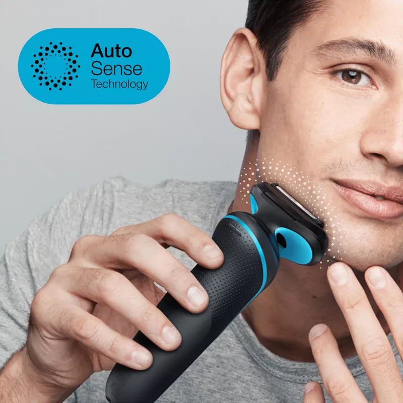 Folijas skuveklis BRAUN Series 5 51-M1000s — 3 galvas, mitrai un sausai lietošanai, iebūvēts li-ion akumulators, ātrā uzlāde, melns/zils
