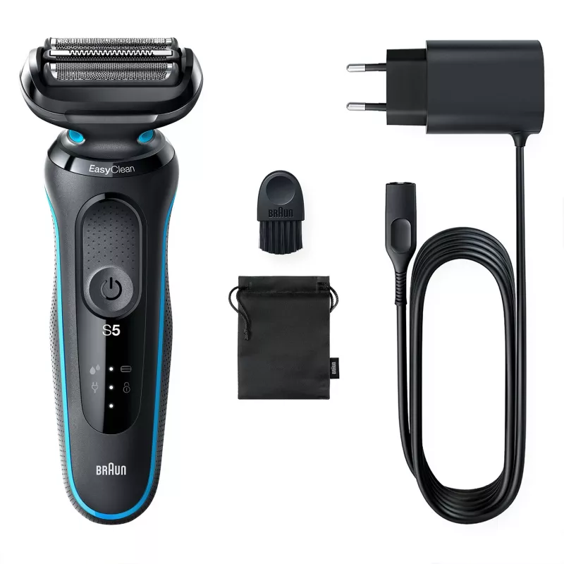 Folijas skuveklis BRAUN Series 5 51-M1000s — 3 galvas, mitrai un sausai lietošanai, iebūvēts li-ion akumulators, ātrā uzlāde, melns/zils