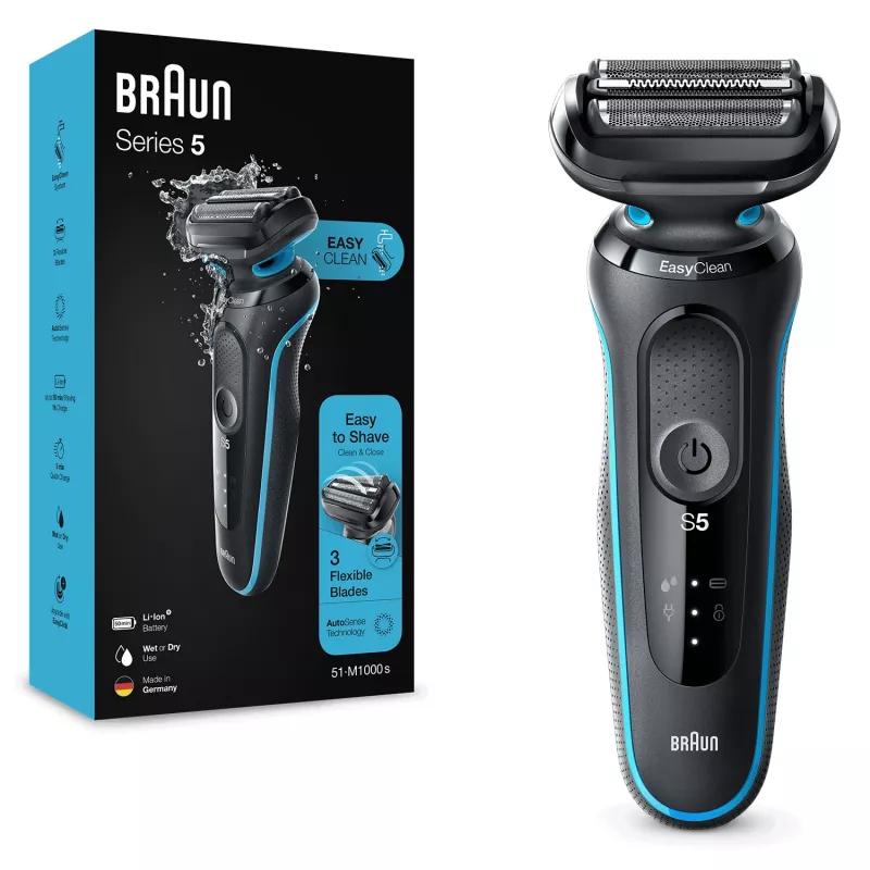 Folijas skuveklis BRAUN Series 5 51-M1000s — 3 galvas, mitrai un sausai lietošanai, iebūvēts li-ion akumulators, ātrā uzlāde, melns/zils