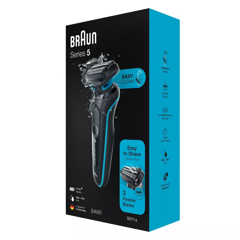 Folijas skuveklis BRAUN Series 5 51-M1000s — 3 galvas, mitrai un sausai lietošanai, iebūvēts li-ion akumulators, ātrā uzlāde, melns/zils