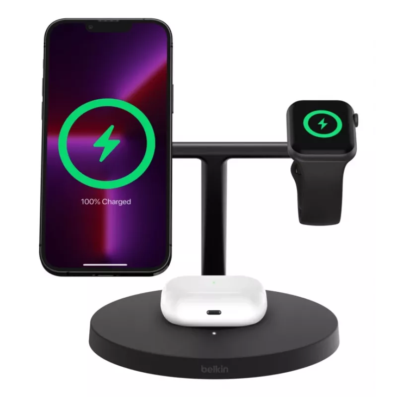 BELKIN bezvadu uzlādes statīvs Boost Charge Pro 3-in-1 ar Qi2 15W, melns