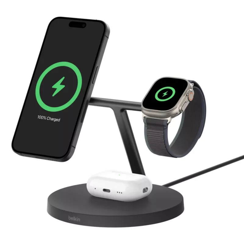 BELKIN bezvadu uzlādes statīvs Boost Charge Pro 3-in-1 ar Qi2 15W, melns