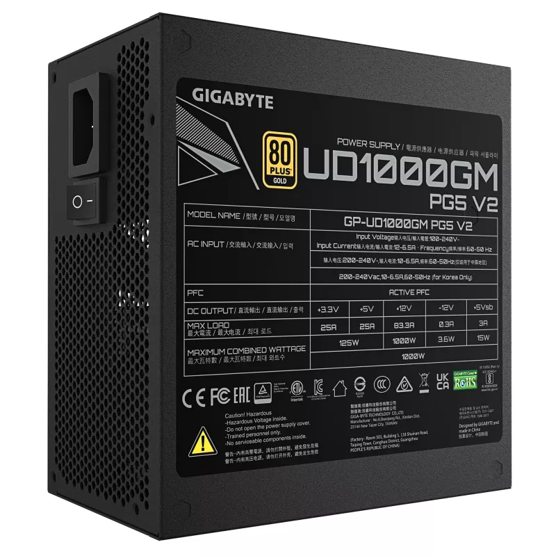 GIGABYTE UD1000GM PG5 V2 barošanas bloks - PCIe Gen 5.1, 80 PLUS Gold, pilnībā modulārs dizains, 120 mm ventilators, saderīgs ar ATX 3.1, ES kontaktdakša