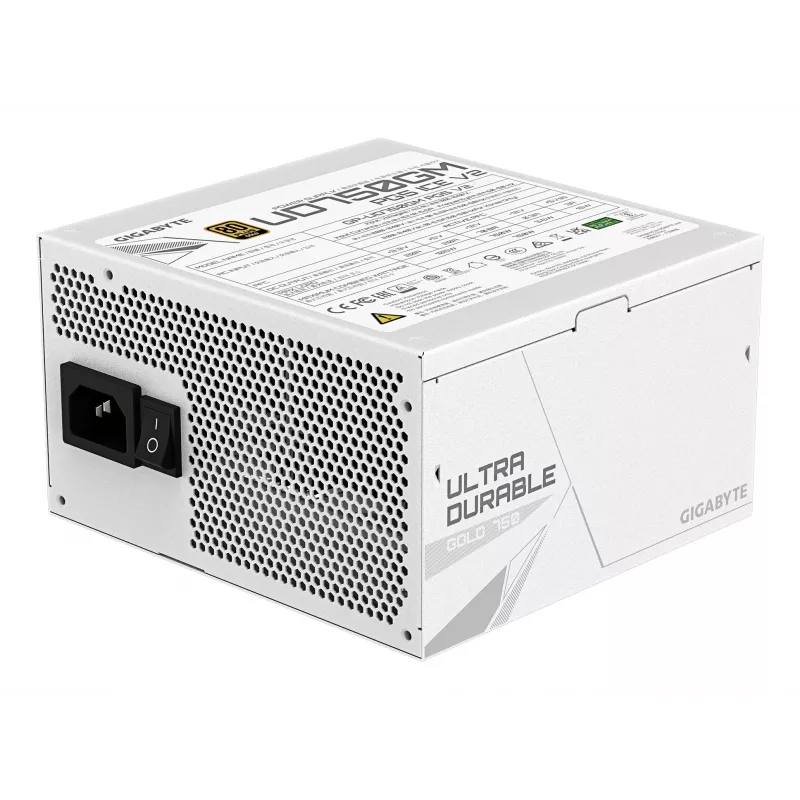 Barošanas bloks GIGABYTE UD750GM PG5 V2 750W ATX 3.1, 80 PLUS Gold, pilnībā modulārs, 8 SATA, 4x (6+2) PCIe, 2x EPS, balts