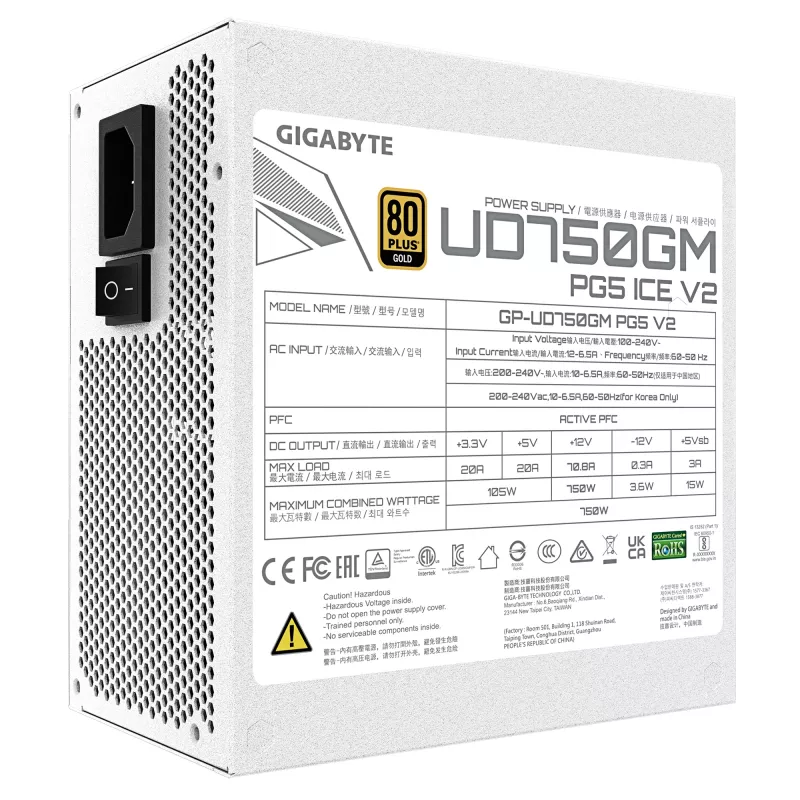 Barošanas bloks GIGABYTE UD750GM PG5 V2 750W ATX 3.1, 80 PLUS Gold, pilnībā modulārs, 8 SATA, 4x (6+2) PCIe, 2x EPS, balts