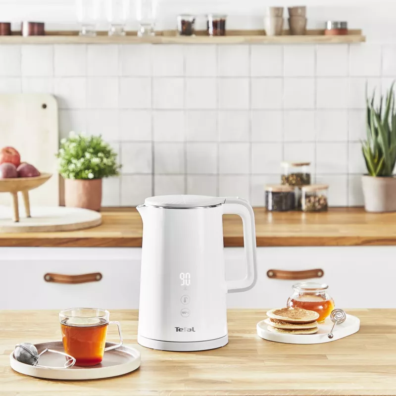Elektriskā tējkanna Tefal KO6931, 1,5 L, 1800 W, balta, 5 temperatūras iestatījumi, silta uzturēšana 30 min.