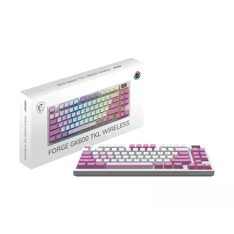 MSI FORGE GK600 TKL WIRELESS VIOLET tastatūra spēlēšanai USB + Bluetooth QWERTY UK English Pink, Violet, balta