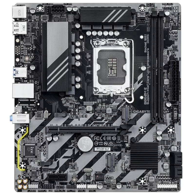 Micro-ATX mātesplate GIGABYTE B860M E — LGA 1851 Intel Core Ultra procesoriem, DDR5 līdz 8800 MHz (O.C.), 2×PCIe 4.0 M.2, 1GbE