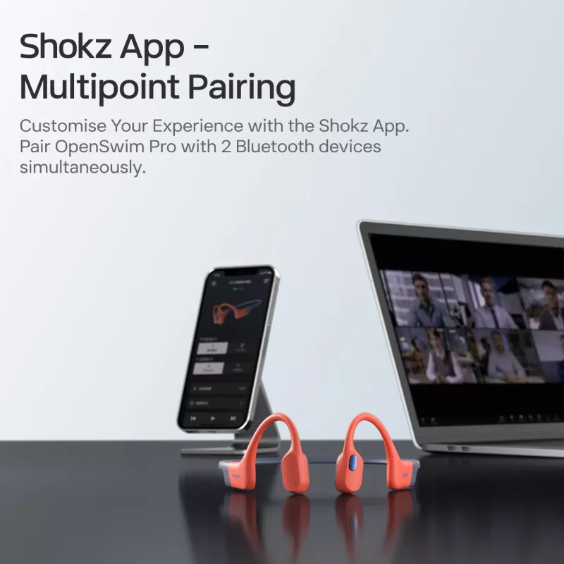 Austiņas Shokz OpenSwim Pro — atvērta tipa kaulu vadīšanas bezvadu austiņas, IP68 ūdensizturība, Bluetooth 5.4, 32 GB, 9 h atskaņošana, pelēkas
