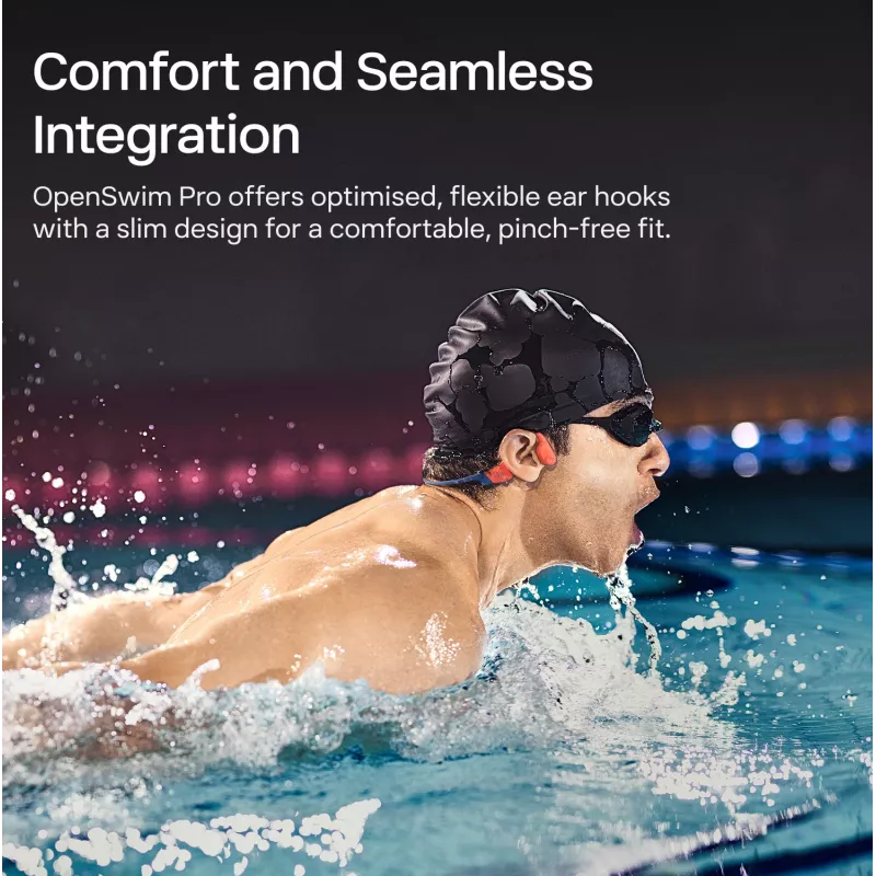 Austiņas Shokz OpenSwim Pro — atvērta tipa kaulu vadīšanas bezvadu austiņas, IP68 ūdensizturība, Bluetooth 5.4, 32 GB, 9 h atskaņošana, pelēkas