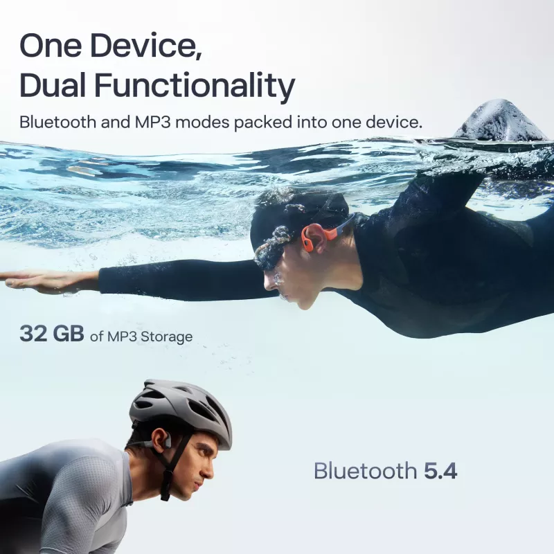 Austiņas Shokz OpenSwim Pro — atvērta tipa kaulu vadīšanas bezvadu austiņas, IP68 ūdensizturība, Bluetooth 5.4, 32 GB, 9 h atskaņošana, pelēkas