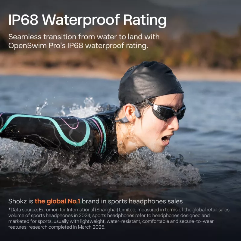 Austiņas Shokz OpenSwim Pro — atvērta tipa kaulu vadīšanas bezvadu austiņas, IP68 ūdensizturība, Bluetooth 5.4, 32 GB, 9 h atskaņošana, pelēkas