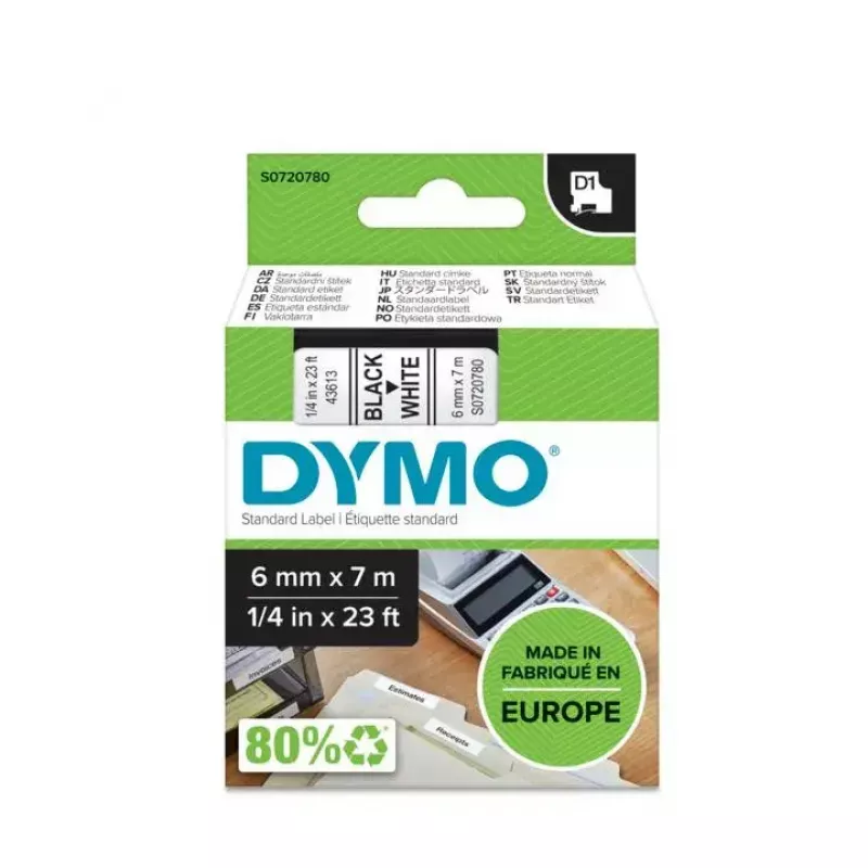 DYMO Autentiskās D1 uzlīmes | Melna druka uz baltas lentes | 6 mm x 7 m | Pašlīmējošas uzlīmes LabelManager uzlīmju printeriem | Ražots Eiropā