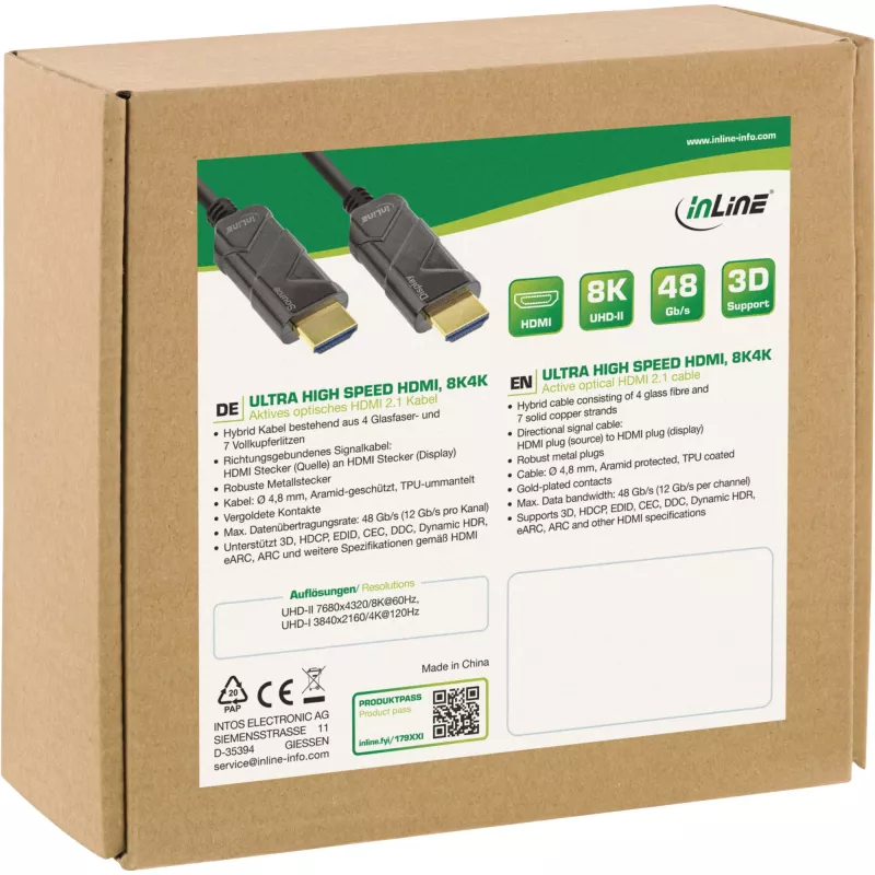 InLine HDMI AOC kabelis, īpaši ātrgaitas HDMI kabelis, 8K4K, melns, 20 m
