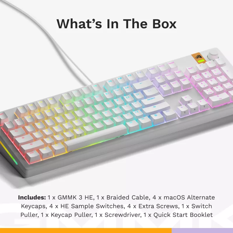 Mehāniska pilna izmēra (100%) vadu tastatūra GLORIOUS GMMK 3 HE — balta, USB, QWERTY, RGB