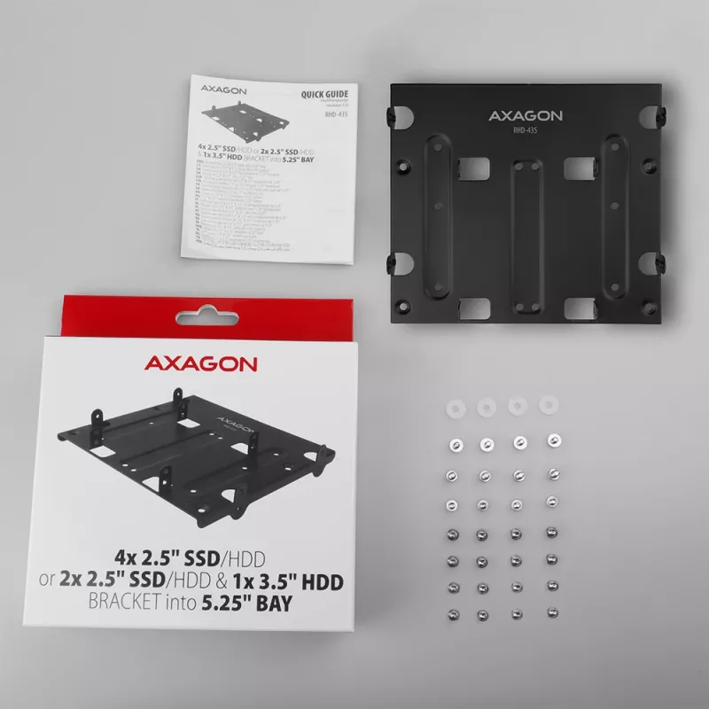Axagon RHD-435 kronšteins 4x 2,5 collu vai 2x 2,5 collu HDD/SSD un 1x 3,5 collu HDD ievietošanai 5,25 collu nodalījumā, metāla