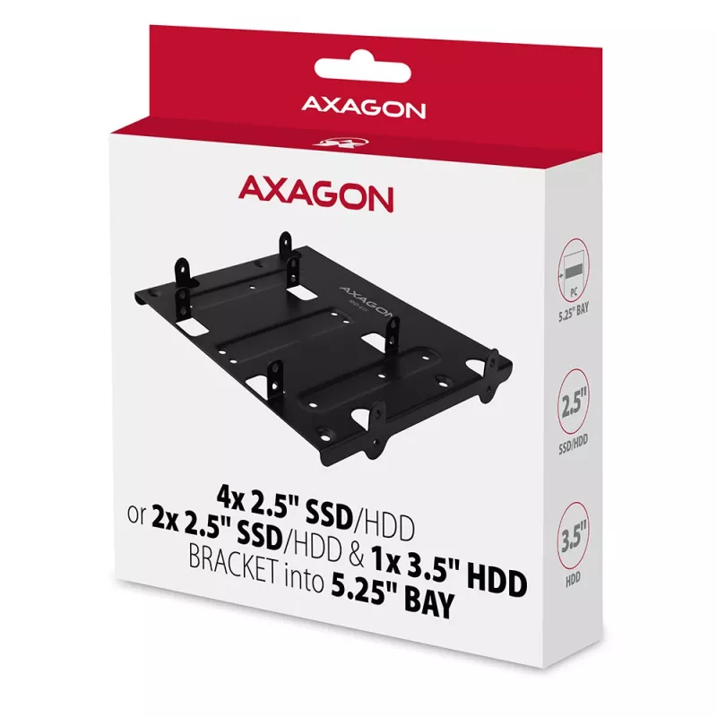 Axagon RHD-435 kronšteins 4x 2,5 collu vai 2x 2,5 collu HDD/SSD un 1x 3,5 collu HDD ievietošanai 5,25 collu nodalījumā, metāla