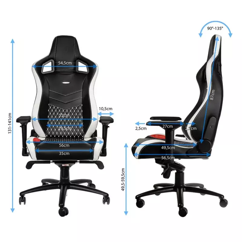 PC spēļu krēsls noblechairs EPIC — polsterēts sēdeklis, maks. slodze 120 kg, augstums 131–141 cm, sēdekļa platums 56 cm, ritentiņi