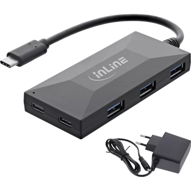 InLine USB 3.2 Gen.1 centrmezgls, USB-C uz 2 portiem USB-C un 3 portiem USB-A, ar barošanas bloku