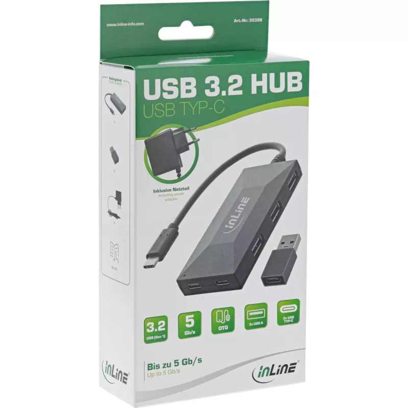 InLine USB 3.2 Gen.1 centrmezgls, USB-C uz 2 portiem USB-C un 3 portiem USB-A, ar barošanas bloku