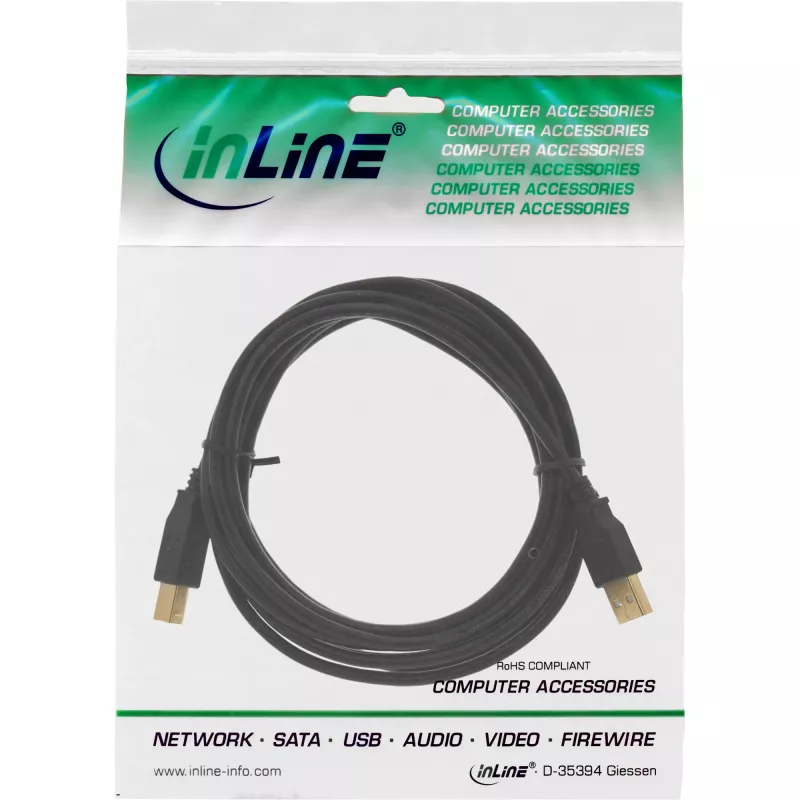 USB 2.0 kabelis Type A vīr. / Type B siev. melns apzeltīts 2m InLine 34518S
