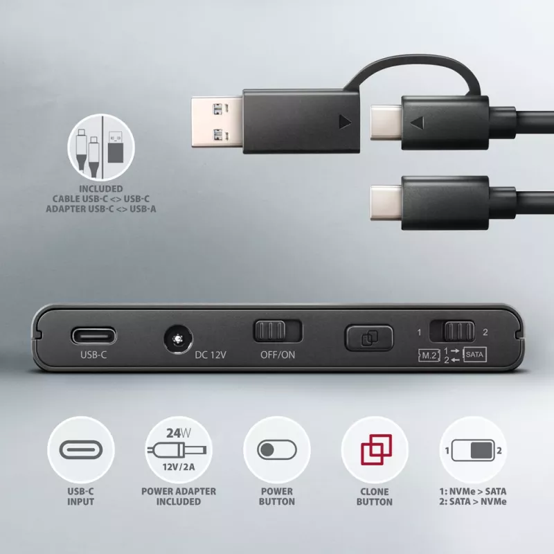 Clone Master USB-C Axagon ADSA-CC NVMe M.2 SSD & SATA HDD